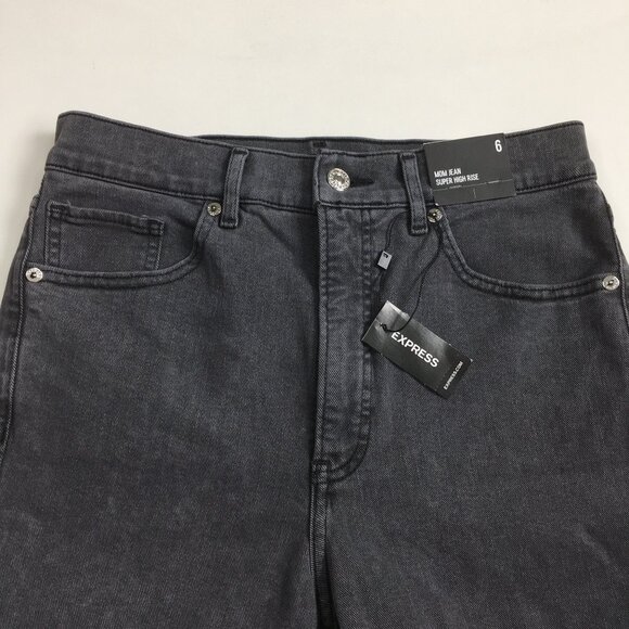NWT EXPRESS Gray Mom Jean Super High Waist Step Fray Hem Distressed Jeans - Picture 5 of 12